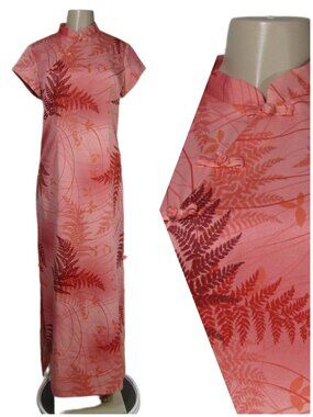 VTG 70s Hawaiian Cheongsam Coral Pink Fern Palm Leaf Asian Maxi Dress M L Mod
